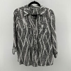 JM Collection 100% Linen Leopard Button Down Shirt Gray Black 10 Neutral Office